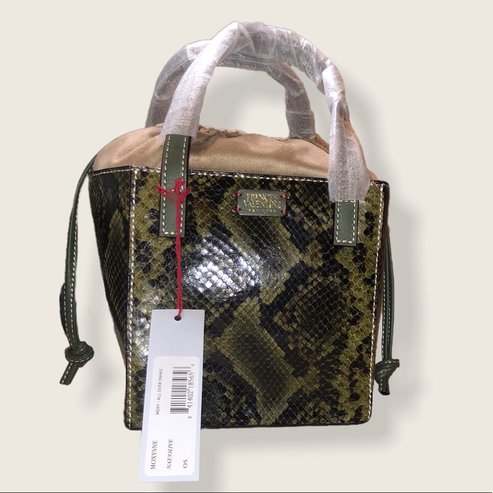 NEW FRANCES VALENTINE MOXY SNAKE EMBOSSED LEATHER TOTE IN OLIVE